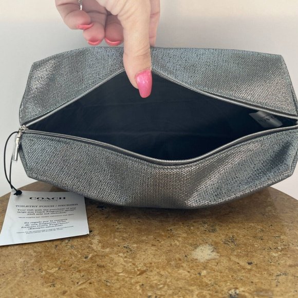 Coach Toiletry Pouch, Makeup & Cosmetic Bag, Silver Shimmering Large Zipper NWT - Picture 12 of 16